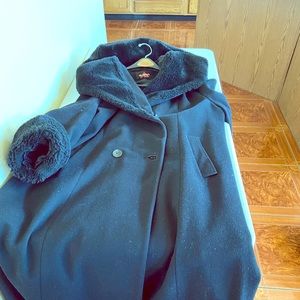 Full length black wool coat with hood, size XL